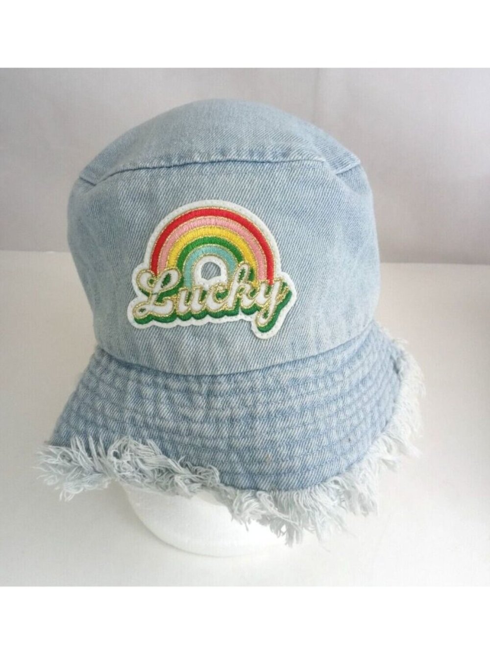 Claire’s Women’s Lucky Rainbow Patch Retro Denim 100% Cotton Fringe Bucket Hat